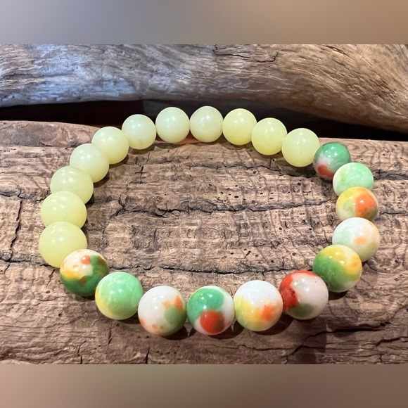 New Lemon Jade & White Jade Bracelet Natural Stone Beaded Stretchy (8mm) - Picture 1 of 5